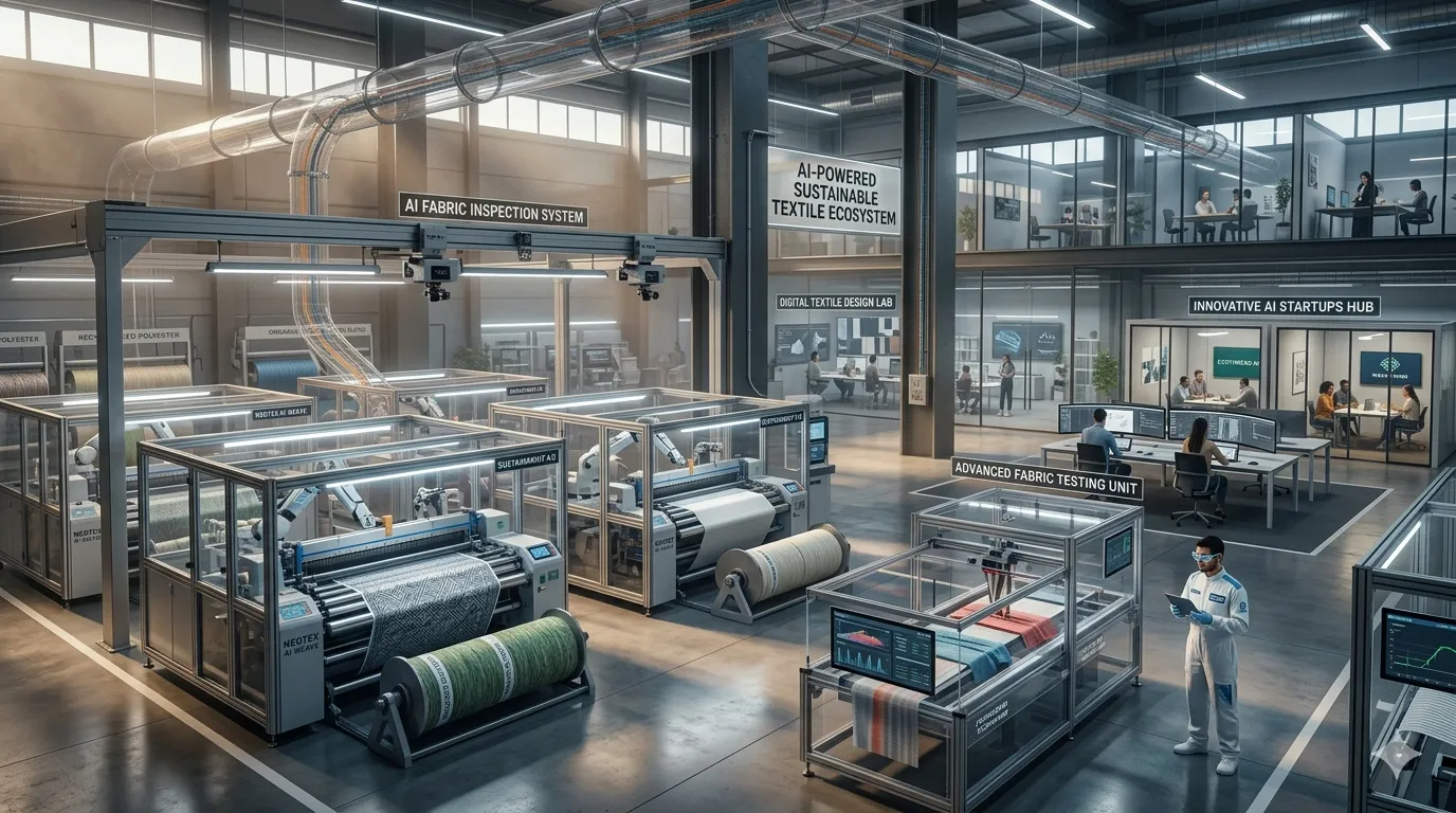 AI-powered textile manufacturing ecosystem including sustainable production, smart machinery, fabric testing, AI inspection systems, digital design, and AI startups